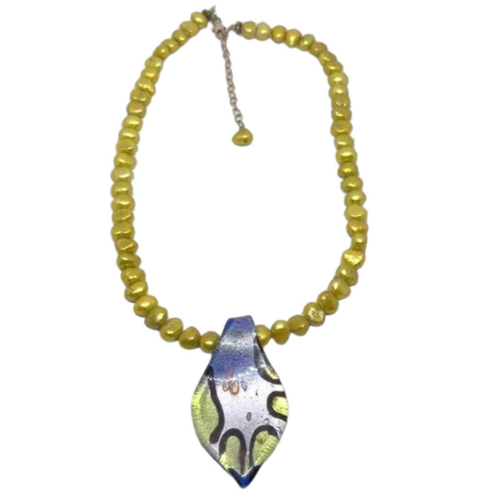 ARTISAN freshwater pearl necklace art glass pendant sterling boho colorful fun